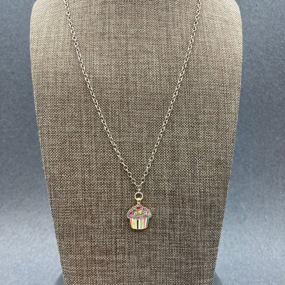 Multicolor Cupcake Pendant Necklace Enamel Rhinestone Silver Chain Barbie Soft G - Picture 2 of 8
